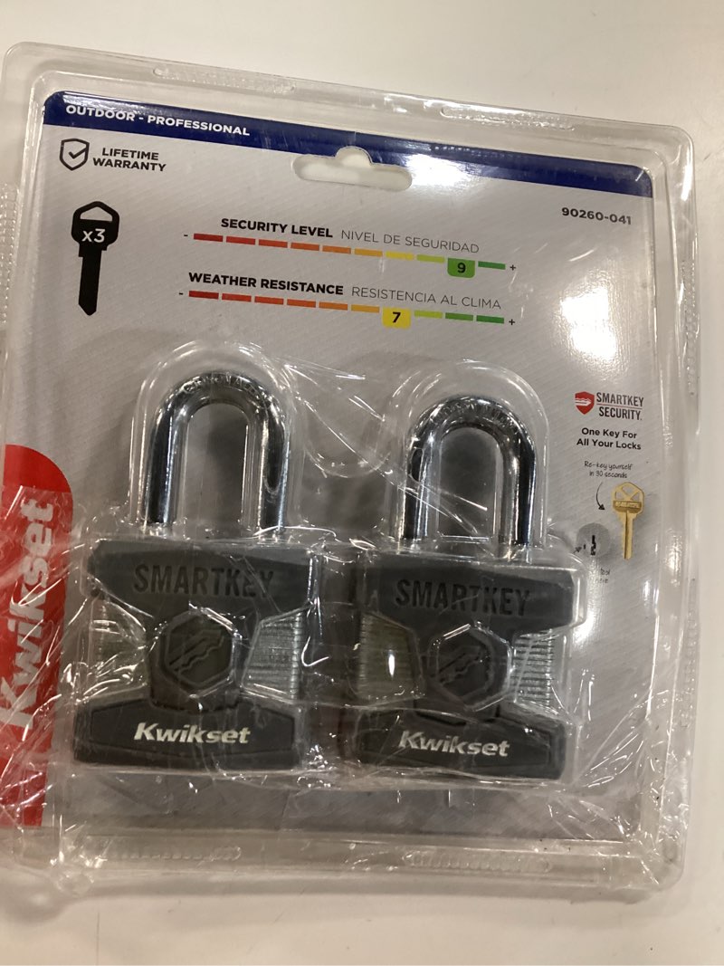 Condition photo showing Good Condition for kwikset smartkey re-keyable laminated steel padlock with boron carbide shackle, outdoor gate and storage lock, 2 in body, 1-1/2 in shackle, 2 pack keyed alike, silver 1-1/2 " shackle 2