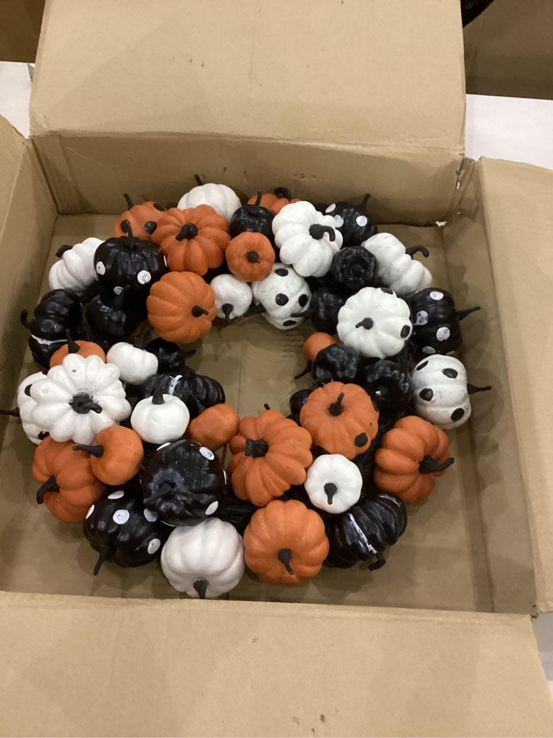 Condition photo showing As Is for 18 in Halloween Fall Wreath for Front Door, Black Orange White Artificial Pumpkin Wreath for Fall and Halloween Indoor Outdoor Home Party Decor