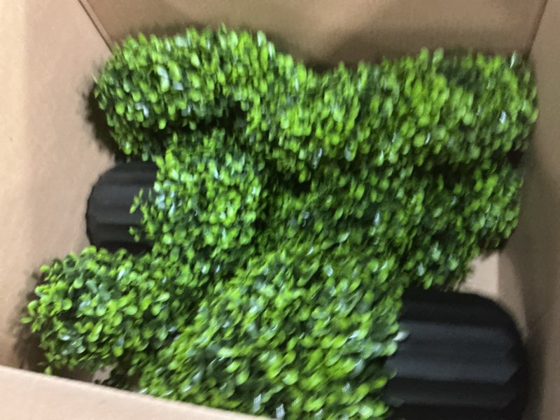 Condition photo showing Good Condition for 2 pack 3ft artificial spiral topiary trees, realistic boxwood trees, evergreen pe faux plants with durable pot, outdoor & indoor year-round garden, patio, porch, home entryway decor