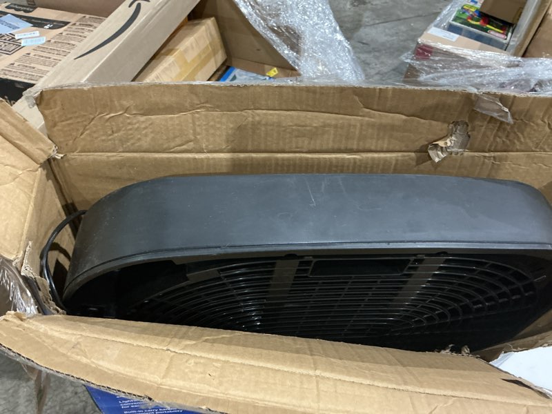 Condition photo showing As Is for comfort zone box fan with carry handle, 20 inch, 3 speed full-force air circulation with air conditioner, floor fan, bedroom fan, airflow 15.03 ft/sec, ideal for home, bedroom & office, cz200abk black