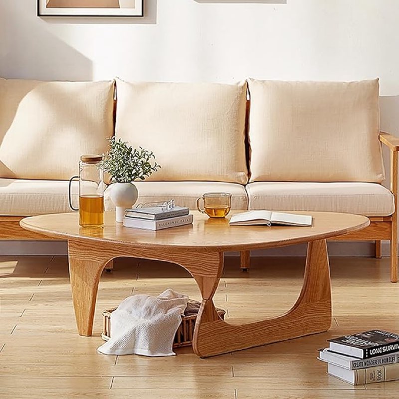 solid wooden modern triangle coffee table: unique funky coffee tables for living room, oval mid-century irregular abstract tea tables for patio office balcony bedroom (walnut, 50" l x 31" w x 16" h) walnut 50" l x 31" w x 16" h