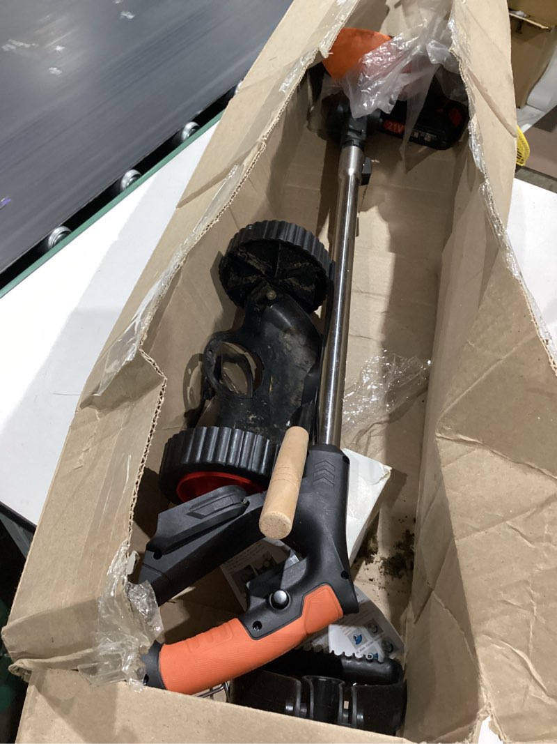 Condition photo showing As Is for worx wg173 20v nitro brushless cordless 13" grass and weed string trimmer and edger with battery and charger