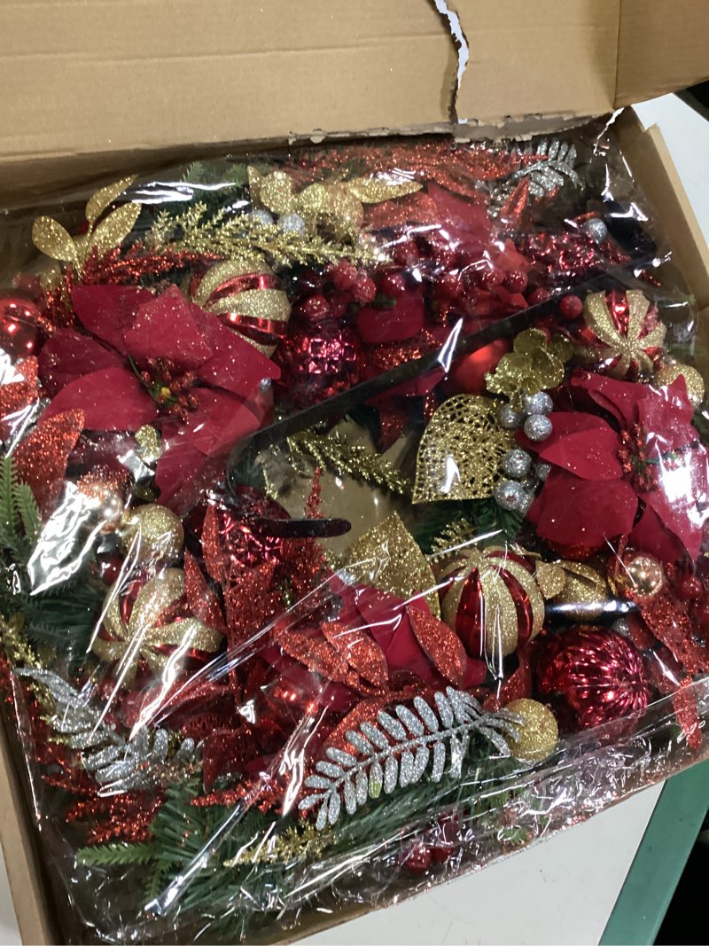 Condition photo showing New/Like New for vivimemo 24-inch christmas wreath handcrafted red gold glitter ball red flower pine needle wreath ch