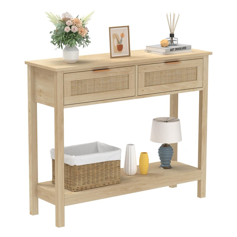 Trironsun Farmhouse Rattan Console Table with 2 Drawers 2 Tier Boho Narrow Long Sofa Table Natural w