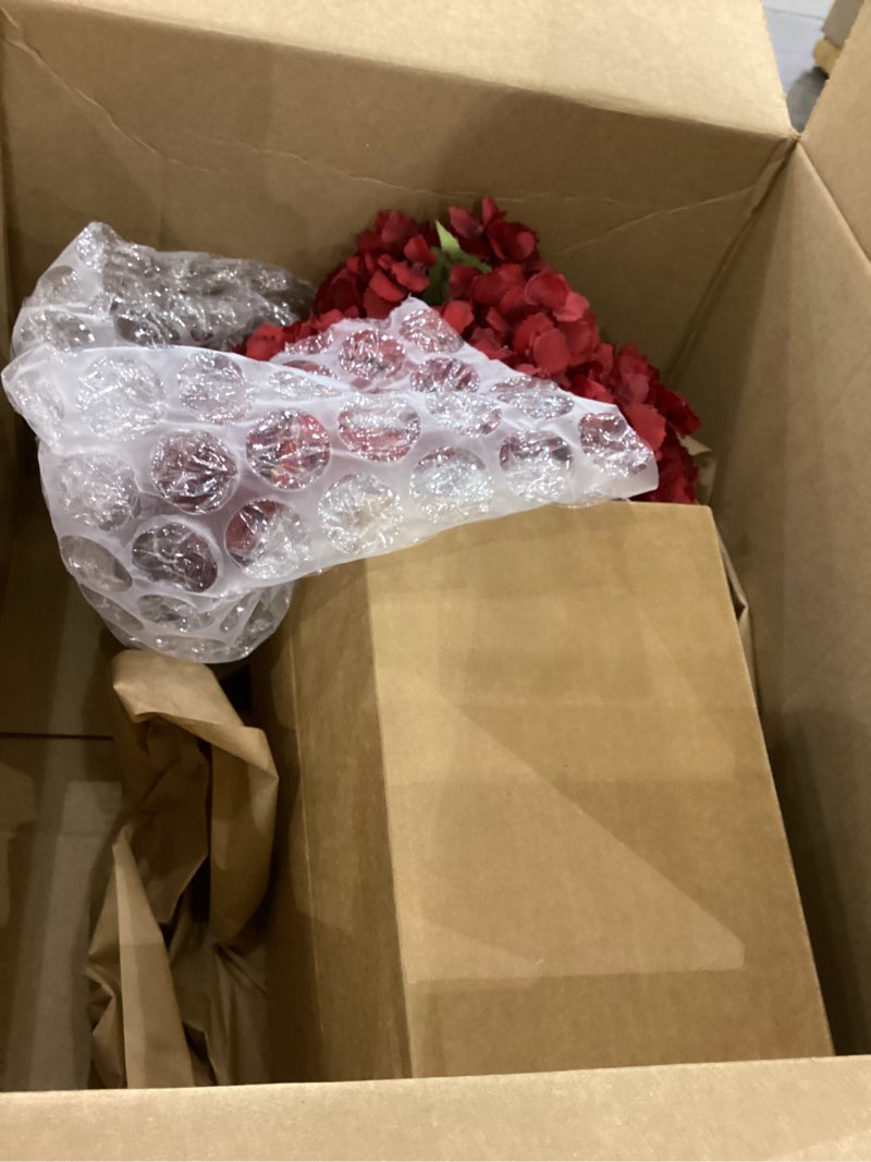 Condition photo showing As Is for Nearly Natural 1442 18" H Red Hydrangea Silk Flower Arrangement with Glass Vase