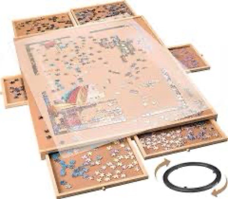 Rotating Wooden Puzzle Board for with 6 Storage Drawers & Protective Cover – Jigsaw Puzzle Table - f