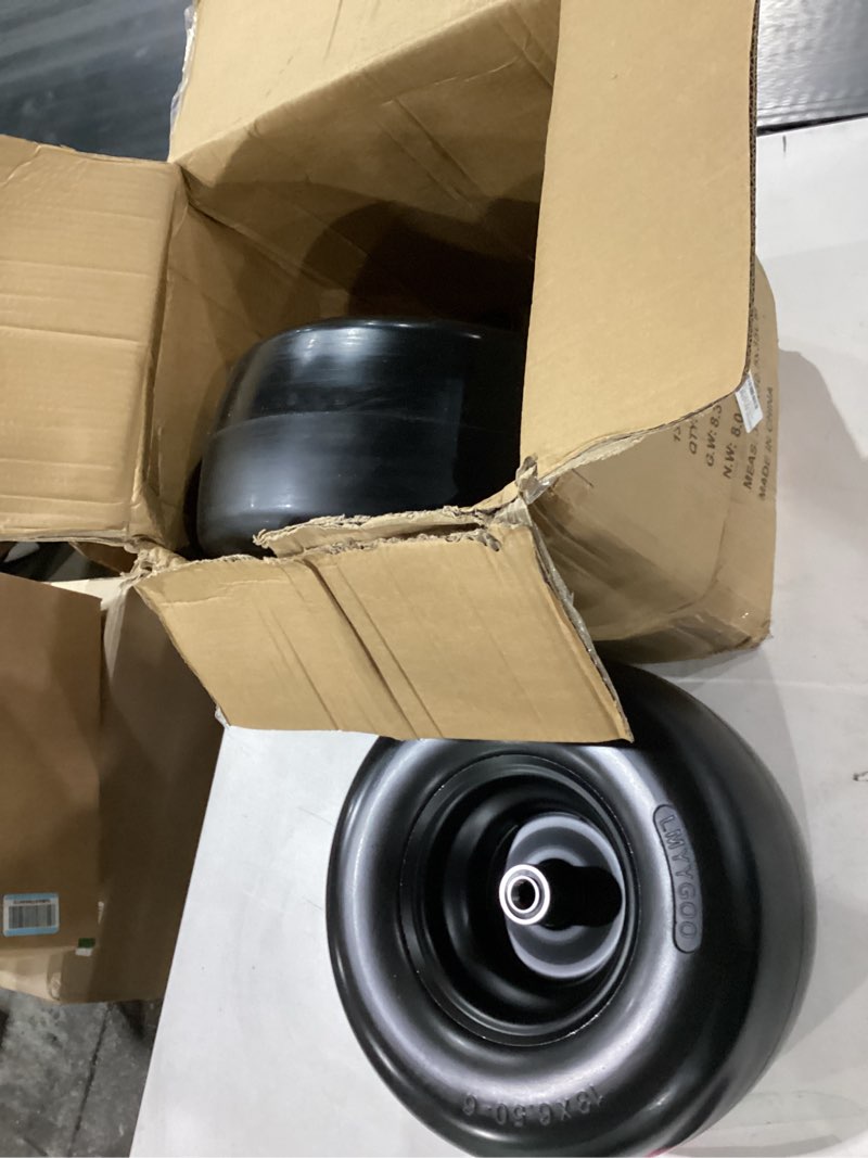 Condition photo showing New/Like New for myygoo 13x6.50-6 flat free tire and wheel,universal 3/4", 5/8" and 1/2" bearings,2 pack rubber riding lawn mower tire with rim - with 6"-8.8” centered hub,2 pack gray 13x6.50-6 black