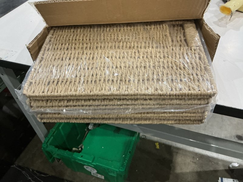 Condition photo showing Good Condition for handwoven paper woven cube basket organizer with handles set of 4 foldable storage baskets for bedroom living room cubby storage units for clothes books toys (natural, 13" l x 13" w x 13" h) natural 13" l x 13" w x 13" h