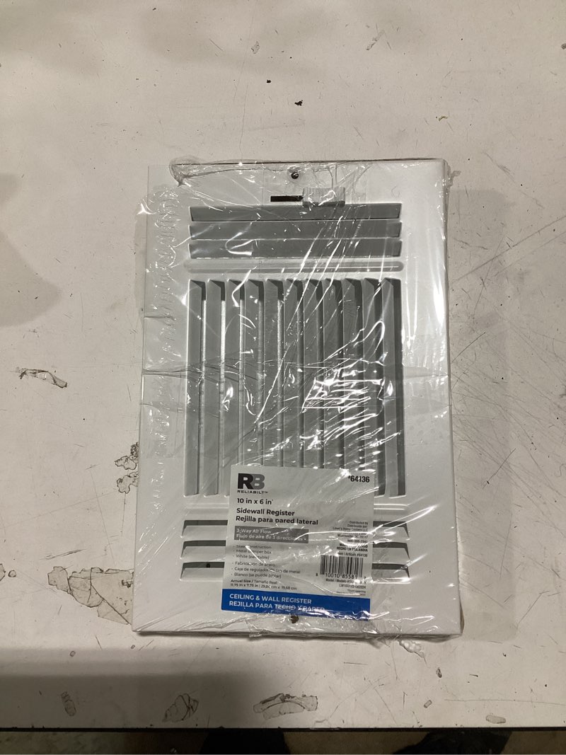 Condition photo showing As Is for reliabilt 10-in x 6-in 3-way steel white sidewall/ceiling register