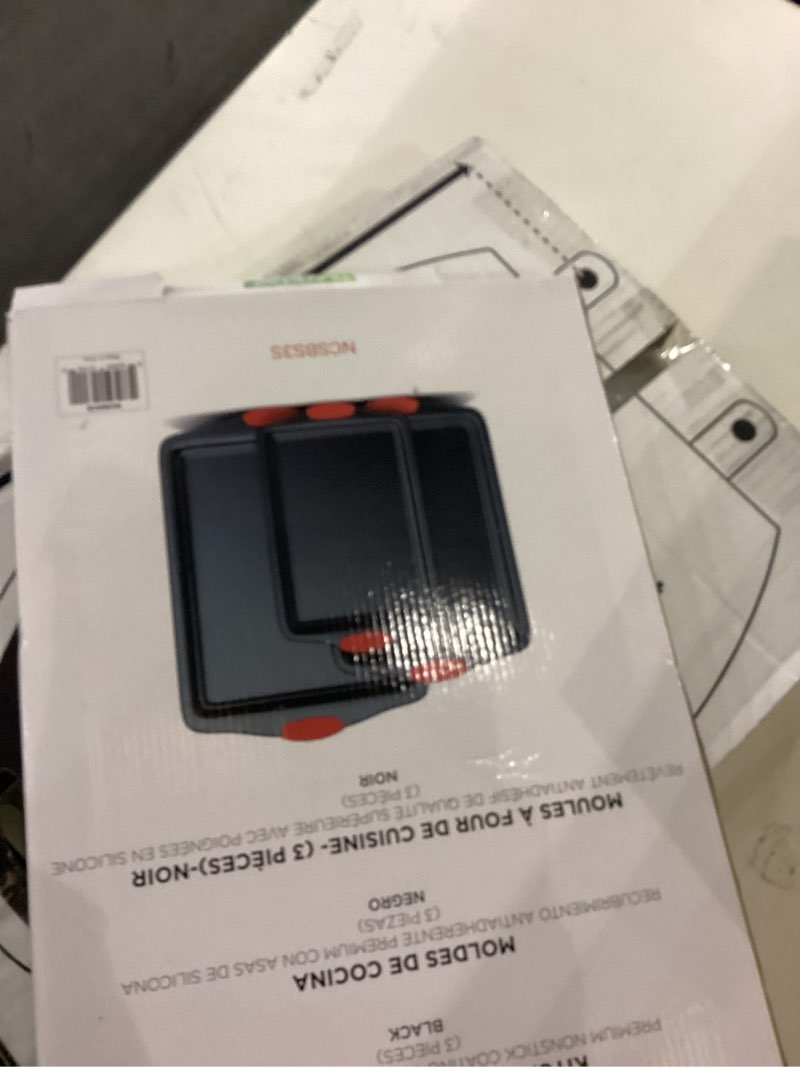 Condition photo showing New/Like New for NutriChef 3-Piece Nonstick Kitchen Oven Baking Pans - Premium & Stylish Non-Stick Steel, Commercial Grade Restaurant Quality Metal Bakeware with Red Silicone Handles - Easy to Clean, NCSBS3S