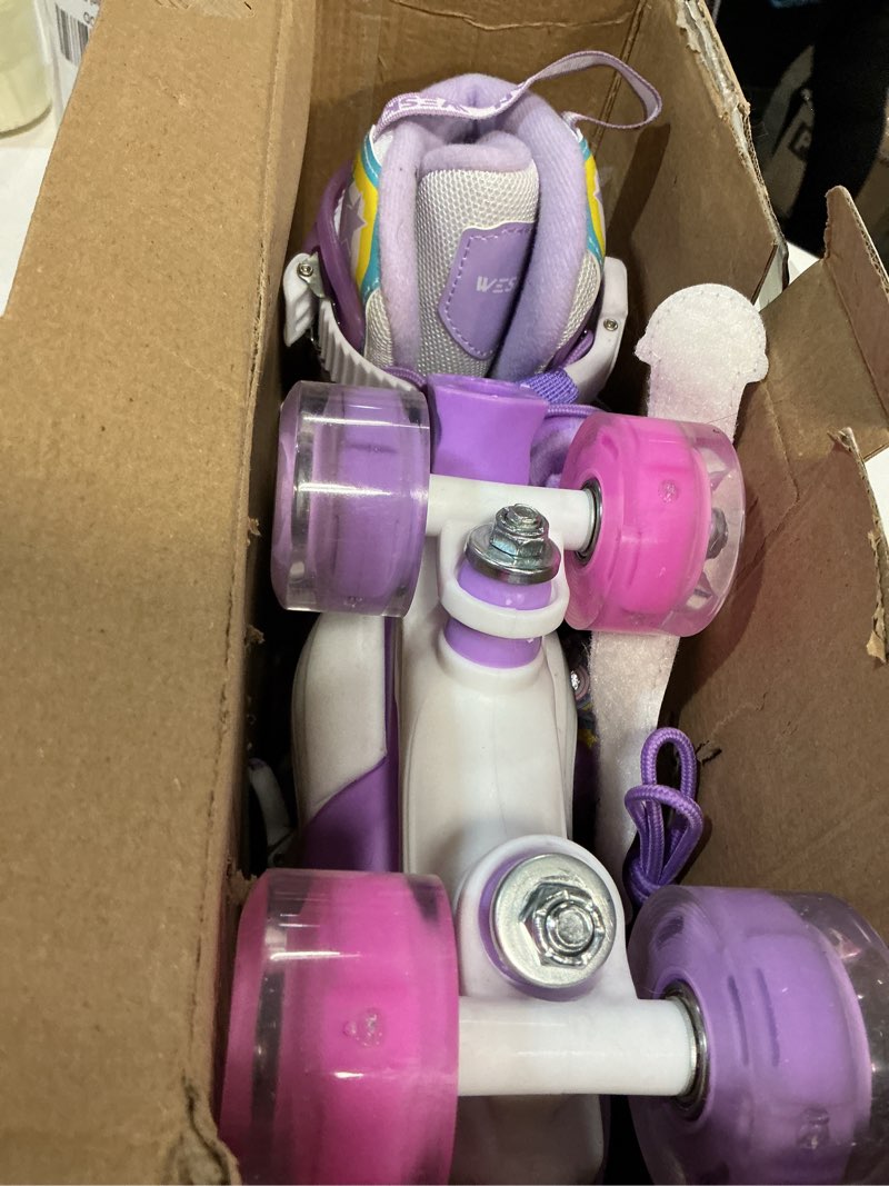 Condition photo showing Good Condition for zise 10/13 dino kids toddler roller skates for boys girls,weskifan dinosaur quad skating shoes with shiny light up wheels&adjustable sizes beginners rollerskates for birthday xmas gifts small-little kid(10.5c~13c) doll-purple