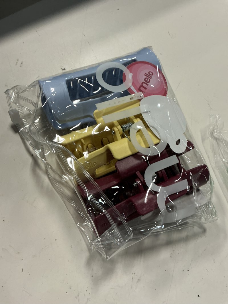 Condition photo showing New/Like New for the original mello hair claw clip squishy claw clip made in korea patent pending 30021976 (burgundy, yellow, light blue, 3 pack medium) 3 count (pack of 3) burgundy, yellow, light blue