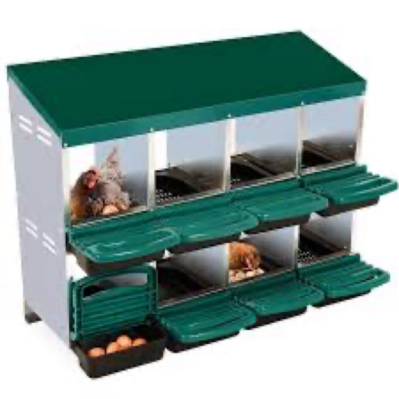 a roll-out or roll-away nesting box tray, commonly used in chicken coops