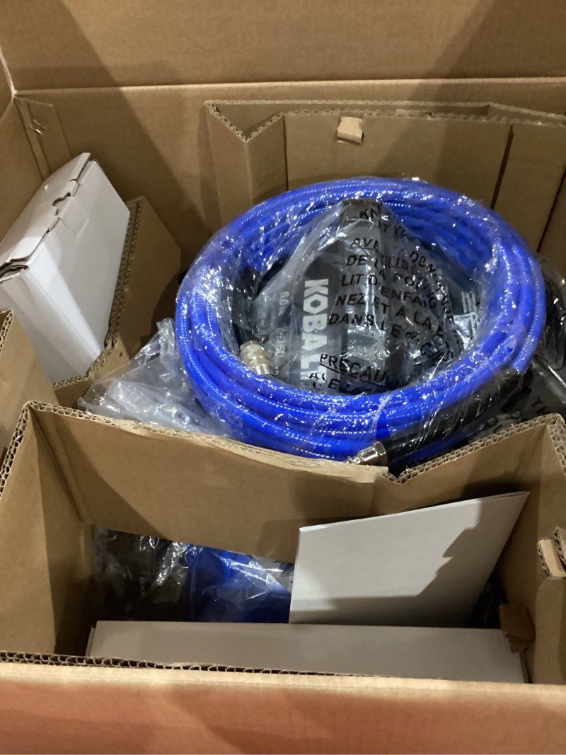 Condition photo showing As Is for kobalt 6-gallon portable electric 150 psi pancake air compressor with accessories included