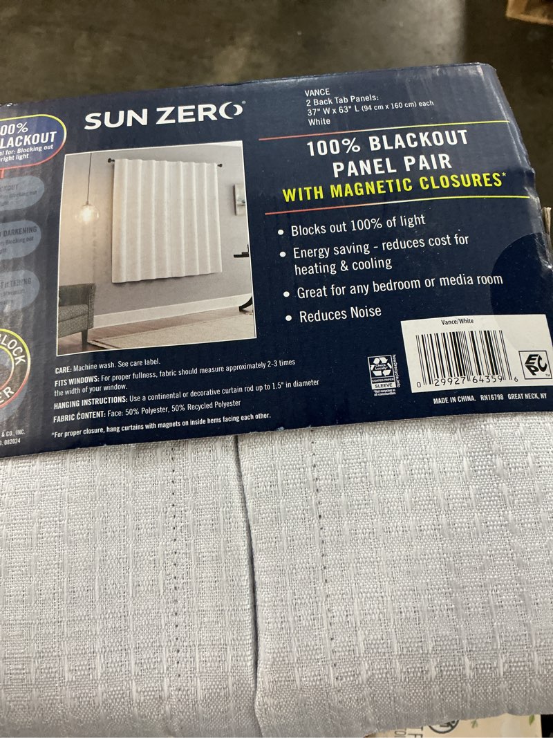 Condition photo showing Good Condition for sun zero vance 2-piece magnetic closure 100% blackout back tab curtain panel pair, 37"x63", white