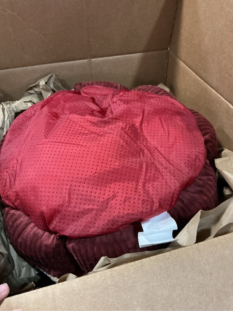 Condition photo showing As Is for petmate aspen pet self warming round bed, 19.5 inches, barn red and cream