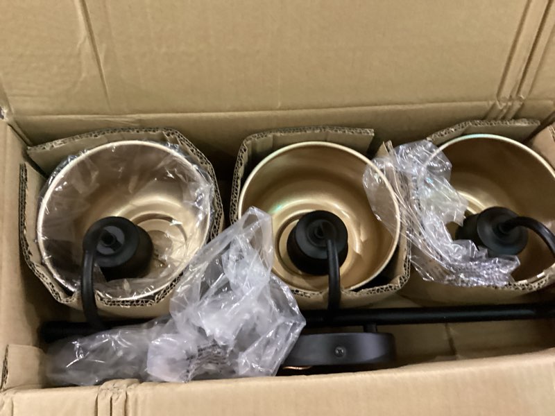 Condition photo showing As Is for Jetima Bathroom 3-Light Vanity Fixture Farmhouse Wall Sconce Barn Lights with Matte Black Metal Shade Exterior Wall Lighting Fixture Industrial Wall Lights for Bedroom,Kitchen, Living Room,Hallway Matte Black 3 Lights
