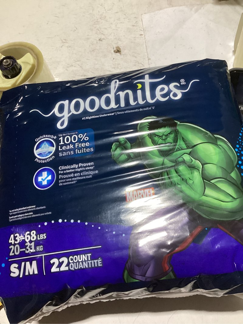 Condition photo showing Good Condition for goodnites boys' nighttime bedwetting underwear, size s/m (43-68 lbs), 22ct (1packs of 22), packaging may vary small/medium 22