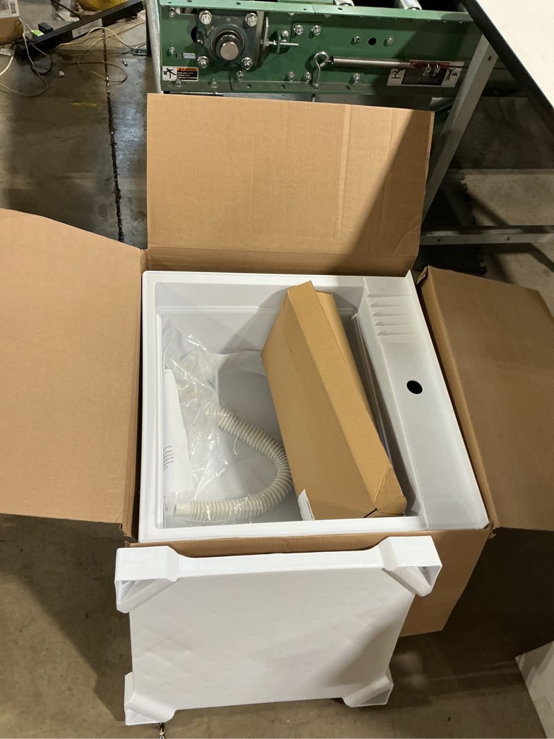 Condition photo showing As Is for as is missing legs  project source 24-in x 24-in 1-basin white freestanding utility tub with drain and faucet