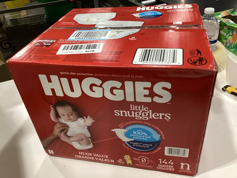 Condition photo showing New/Like New for huggies size newborn diapers, little snugglers baby diapers, size newborn (up to 10 lbs), 144 count, packaging may vary