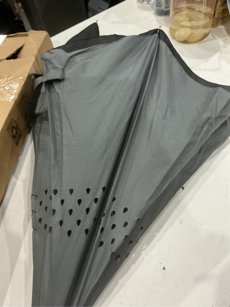 Condition photo showing As Is for totes auto reverse close windproof stick inbrella with water repellent protection black/grey