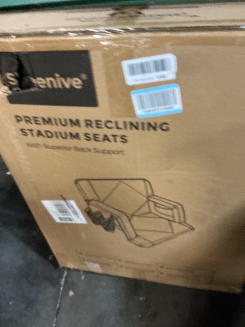 Condition photo showing New/Like New for Sheenive Stadium Seat with Back Support Padded Bleacher Chairs with Back and Cushion, Portable Folding Bleacher Seat with Armrest, 6 Reclining Positions, Large Stadium Seat with Cup Holders & Pockets 24.5" Wide Blue, 2 Pack