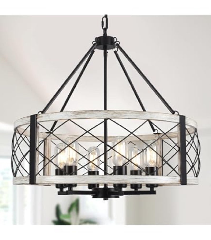 Modern Farmhouse Chandelier, 6-Light  white  Chandeliers for Dining Room, 21.6'' Rustic Adjustable Pendant Lights Drum Light Fixture for Entryway Living Room Foyer Kitchen Island Bedroom, E26
