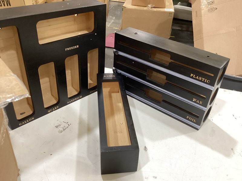 Condition photo showing Good Condition for dalshabet bamboo bag organizer with magnetic closure, 6 in 1 kitchen drawer foil and plastic wrap dispenser with cutter, storage bag for gallon, quart, sandwich, snack black
