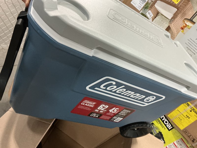 Condition photo showing Good Condition for coleman 316 series 62qt lakeside blue hard chest wheeled cooler; backyard  camping  beach  tailgate