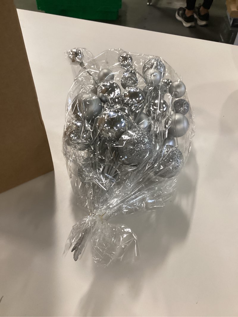 Condition photo showing New/Like New for 4 Pcs 15 Inch Silver Christmas Tree Picks Xmas Glitter Ball Christmas Tree Decorations Artificial Stems for Xmas Topper Ornaments DIY Wreath Garland Crafts Winter Home Decor