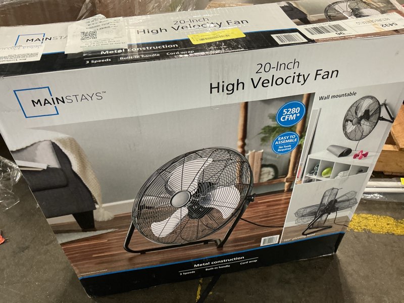Condition photo showing As Is for mainstays sfc1-500b 20 in high velocity floor fan, black