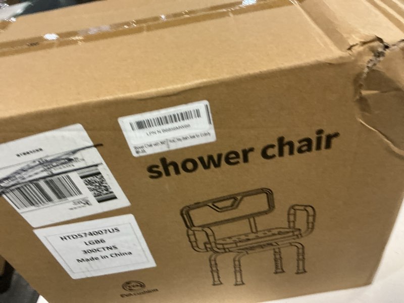 Condition photo showing New/Like New for swivel shower chair, shower seat with arms and back for seniors elderly disabled, height adjustable 500 lbs capacity, 360° rotatable seat for inside shower stall and bathtub hhb1007-white
