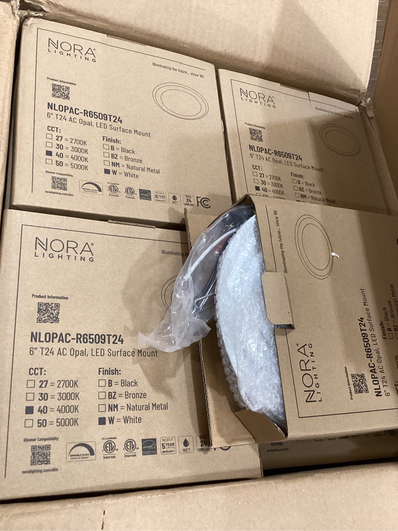 Condition photo showing Good Condition for nora lighting nlopac-r650940aw nlopac-r650940aw-15 watt led 6" surface mount ac opal-4000k-1,050 lumens-120v-white, surface mount, white (24 pack)