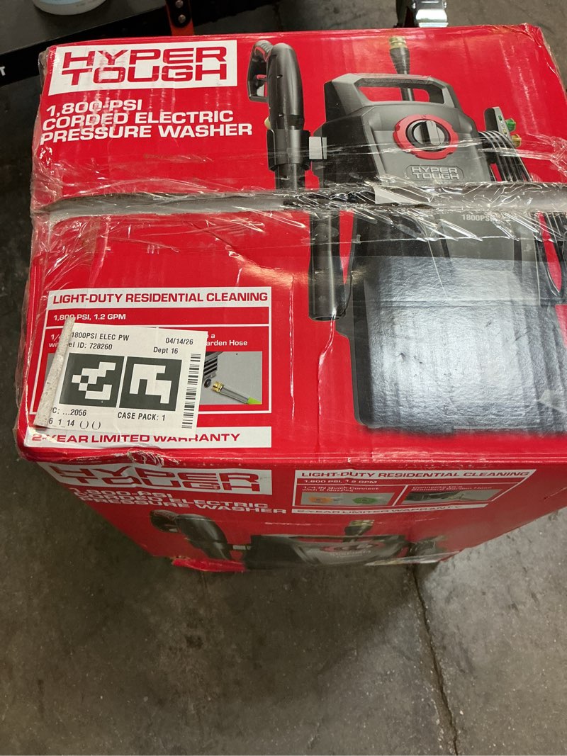 Condition photo showing As Is for hyper tough 1800 psi 1.2 gpm 120v electric pressure washer