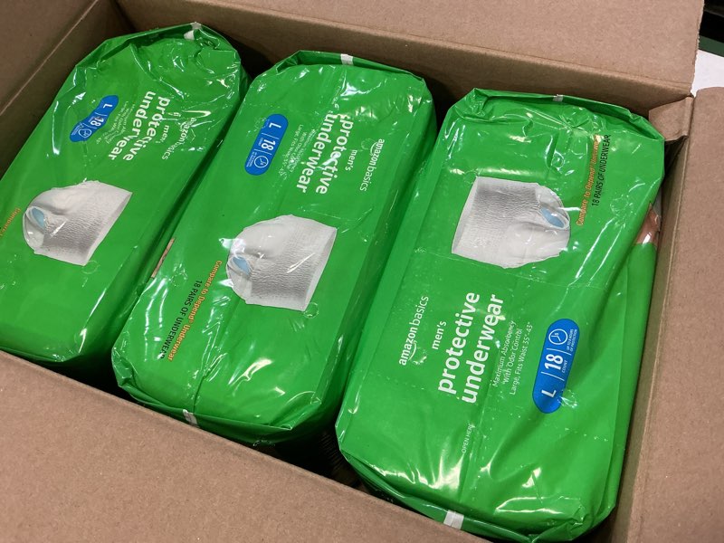 Condition photo showing New/Like New for Amazon Basics Incontinence Underwear for Men, Maximum Absorbency, Large, 54 Count (3 Packs of 18) Large 54.0