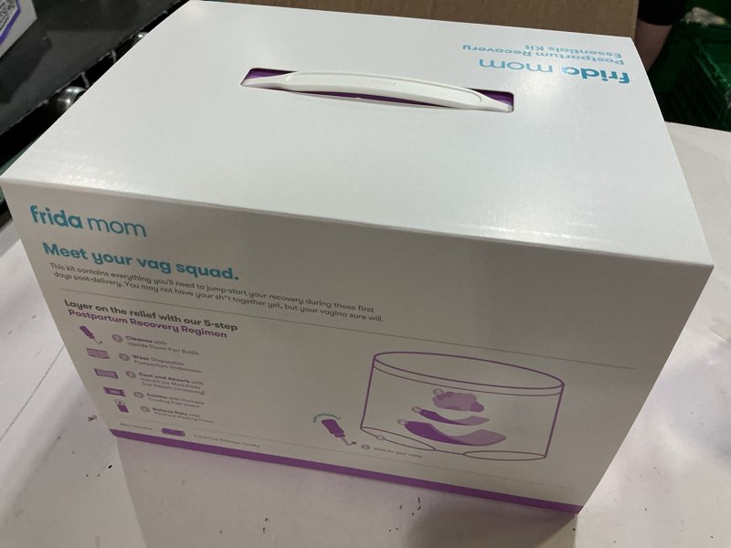 Condition photo showing New/Like New for frida mom 11pc postpartum essentials kit gift set, hospital bag must haves for new mom, includes 4 disposable postpartum underwear, 4 ice maxi pads, perineal healing foam & 24 pad liners & peri bottle postpartum kit