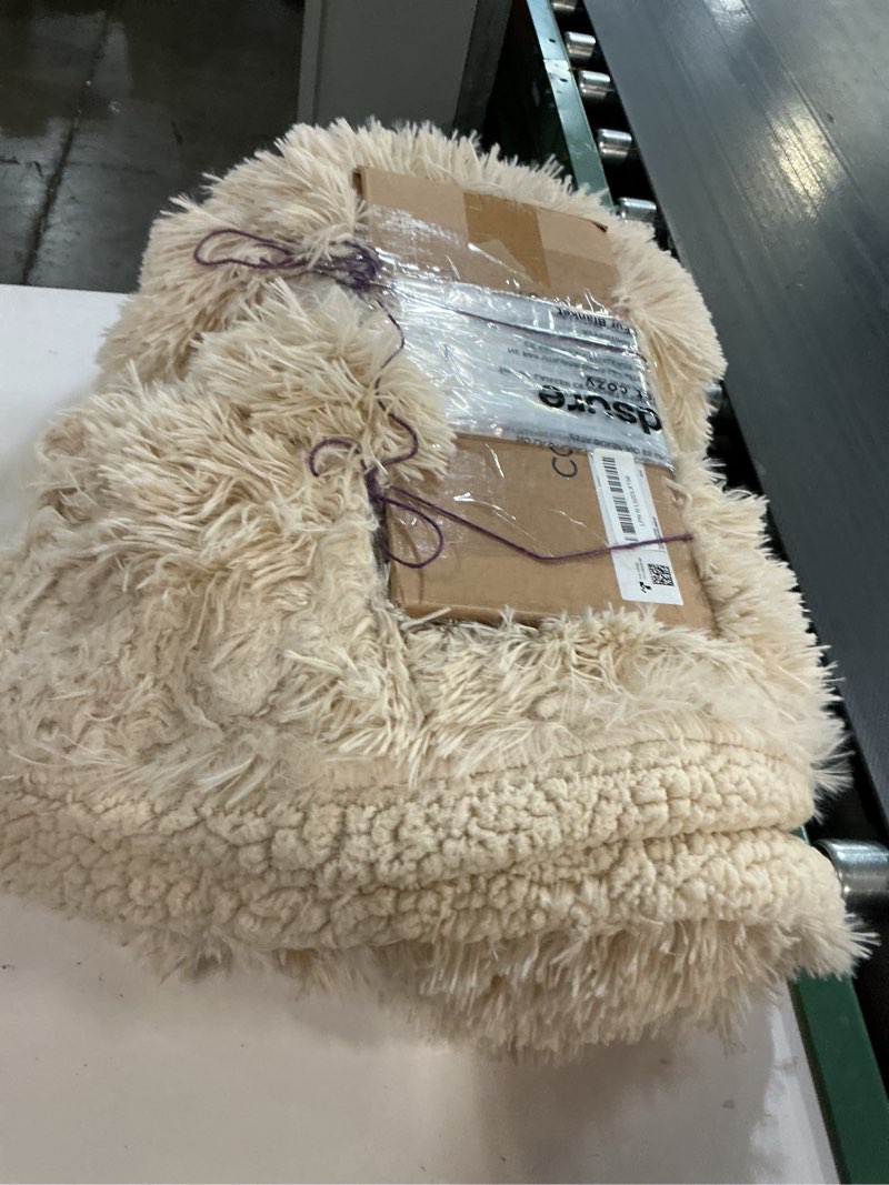 Condition photo showing As Is for Bedsure GentleSoft Fuzzy Sherpa Faux Fur Blanket Beige Cozy Gifts for Women Men, Soft Fleece Plush Warm Minky Thick Blanket Twin Size for Couch, Room Decor Dorm Bed Essentials Beige Decor, 60x80 06- Beige Twin (60" x 80")