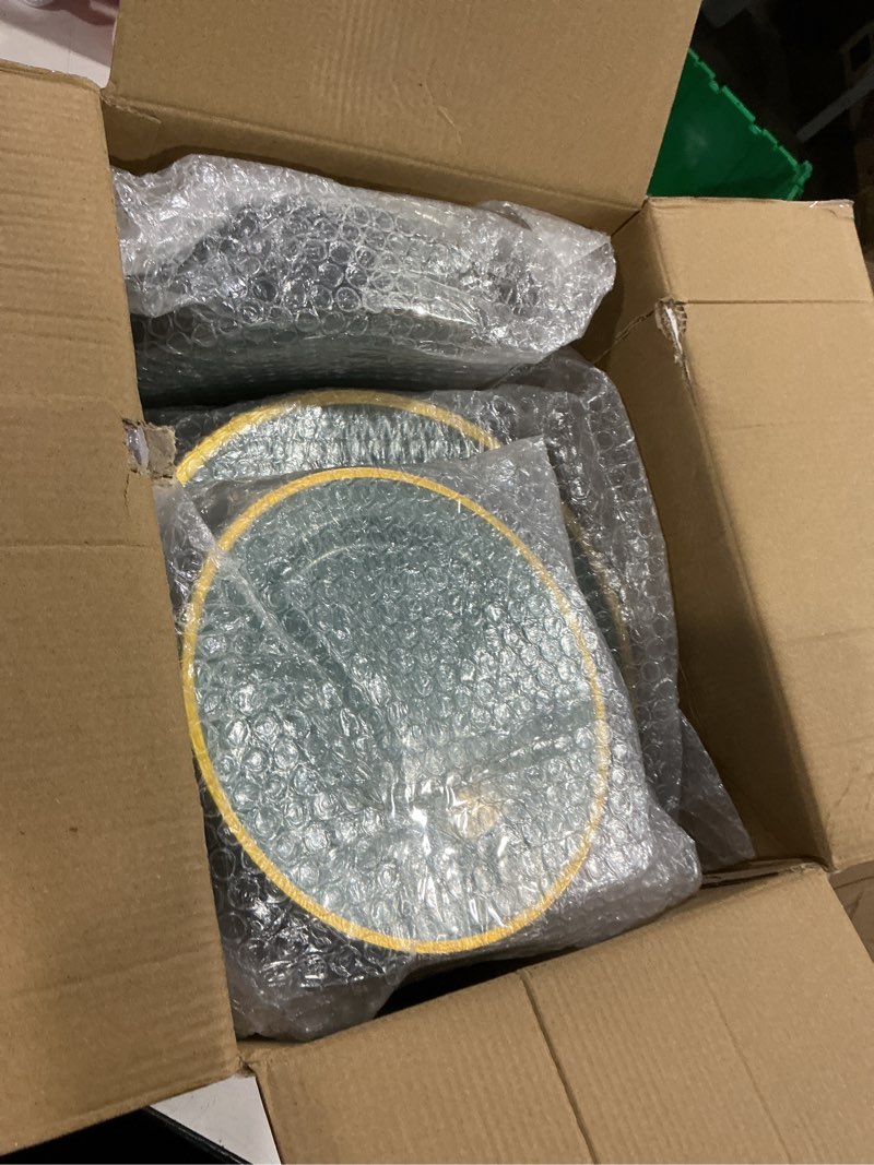 Condition photo showing Good Condition for 120pcs green plastic plates with gold rim, heavy duty disposable plate, fancy and elegant circular ribbed 60 dinner and dessert plates for party, weddings clear green