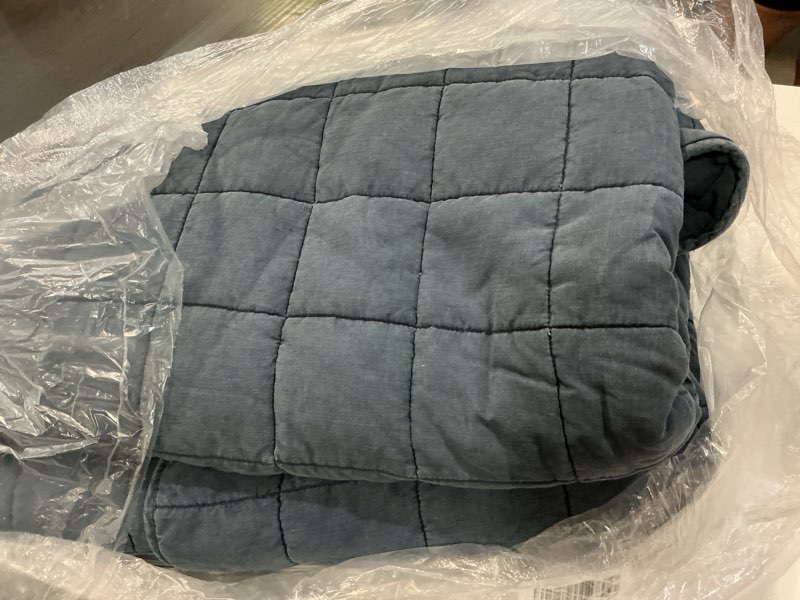 Condition photo showing As Is for european linen box quilt, full/queen, indigo blue