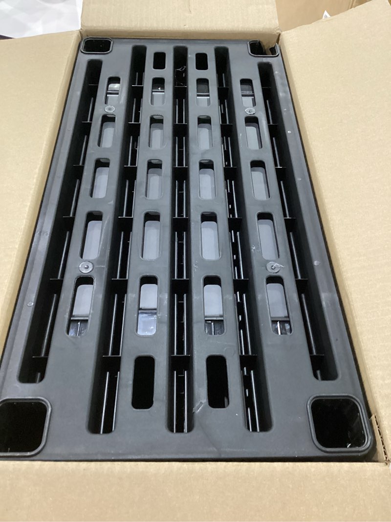 Condition photo showing As Is for iris usa 5-shelf light duty plastic storage shelves, 250lb capacity, 64" h x 24" w x 12" d, medium modular shelving unit storage organizer for bathroom, laundry, garage & home, storage rack - black black 5 tier | 12"d x 24"w x 64"h