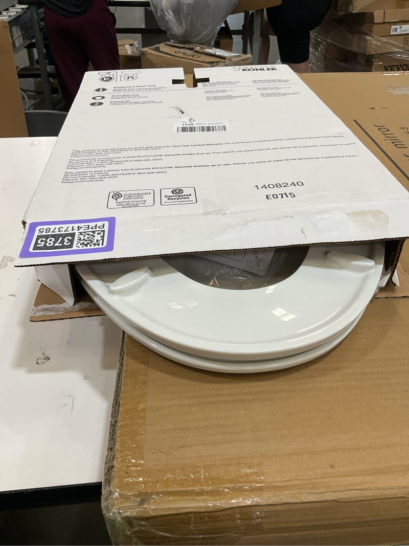 Condition photo showing As Is for kohler k-4774-0 brevia elongated white toilet seat with quick-release hinges and quick-attach hardware for easy clean, white