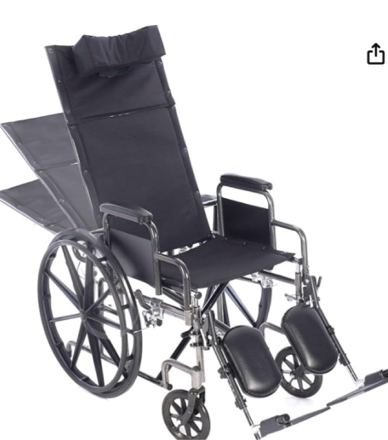 16” Reclining Wheelchair with Elevating Legrests, Headrest Support, Removable Desk Arms, and Rear Anti Tippers - Black - Nylon - 300LB Capacity - Chariot-RC Wheelchair