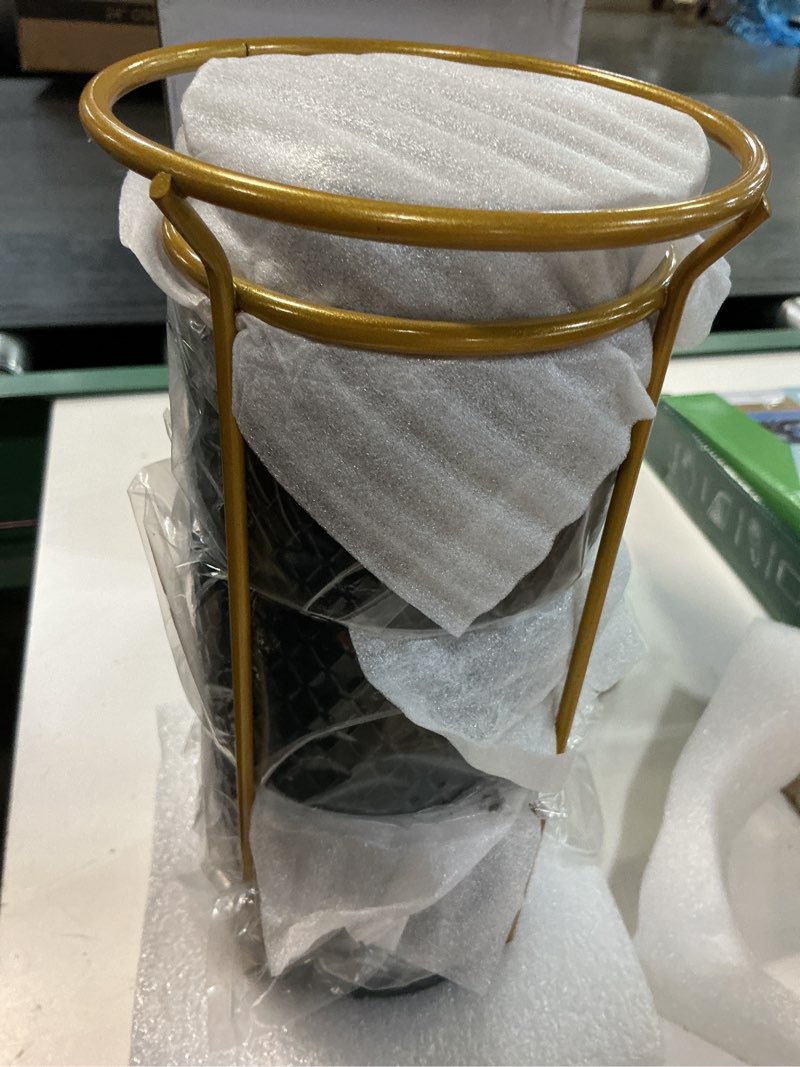 Condition photo showing New/Like New for gomakren coffee mugs set of 4, 13oz stackable coffee cups with stand, black | gloss embossed stoneware, gold rack & spoons | for coffee, milk, tea, cocoa, daily & gifting use | microwave/dishwasher safe