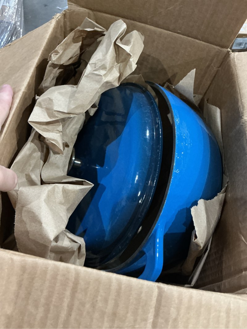 Condition photo showing As Is for amazon basics enameled cast iron dutch oven pot with lid, round, dual handles, heavy-duty, oven safe for baking, roasting, stews, 6-quart, blue blue 6-quart