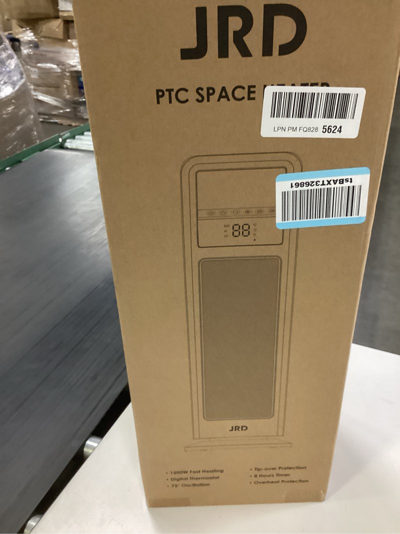 Condition photo showing New/Like New for space heater indoor use, jrd 24" fast electric heater with remote, thermostat, 75° oscillation, 1-8h timer, safe protection, 1500w portable heater for large room bedroom office garage
