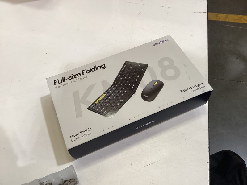 Condition photo showing As Is for foldable keyboard and mouse, samsers folding bluetooth keyboard mouse combo, 2.4g + bt5.0 x 2, full-size travel keyboard & portable wireless mouse for windows ios mac os android, black