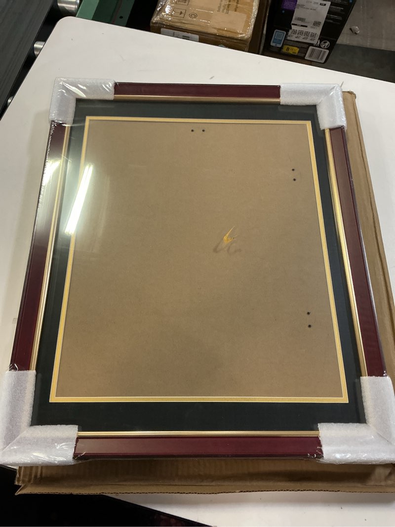 Condition photo showing New/Like New for 14x17 Diploma Frame with Black over Gold Mat, 16x20 Certificate Frame, Real Wood with Gold Trim, Mahogany with Tempered Glass 14x17 with Black over Gold Mat Mahogany