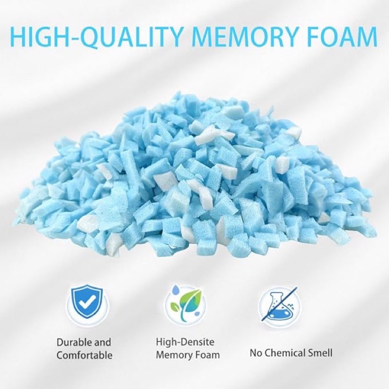shredded memory foam filling - premium soft bean bag filler, 40lbs blue & white pillow stuffing for couch cushion, dog bed, chair - high density, no chemical smell, easy to use