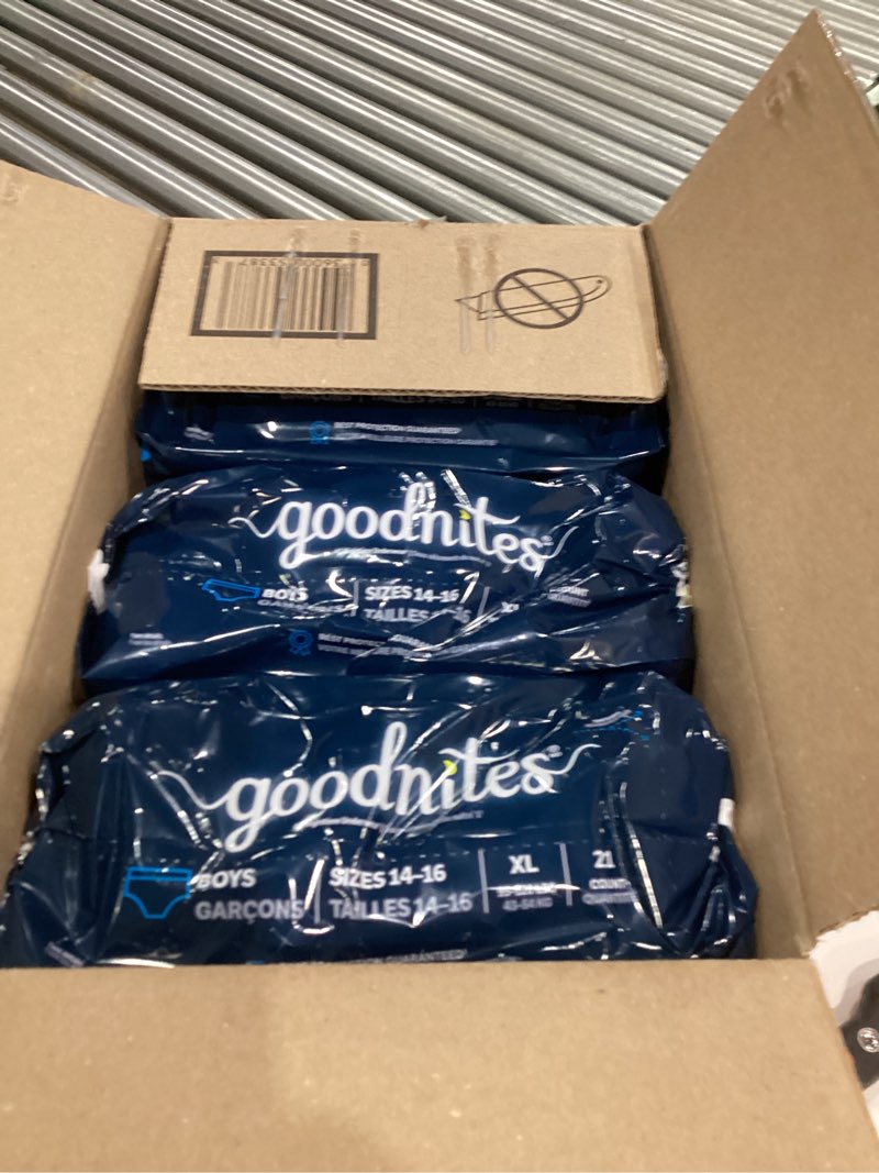 Condition photo showing New/Like New for Goodnites Boys' Nighttime Bedwetting Underwear, Size Extra Large (95-120 lbs), 63 Ct (3 Packs of 21), Packaging May Vary X-Large 63