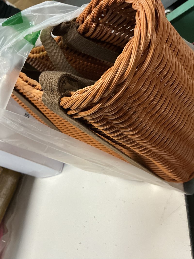 Condition photo showing Good Condition for wicker shopping basket with handle, 12" x 8.5" x 6" hand-woven picnic basket, open top market harvest basket for food storage, kitchen organization, home decor, camping, easter eggs, gifts